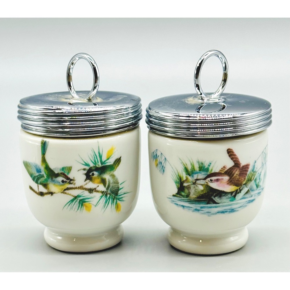 Royal Worcester Egg Coddlers Porcelain Bird Pattern Set of 2 Vintage Small